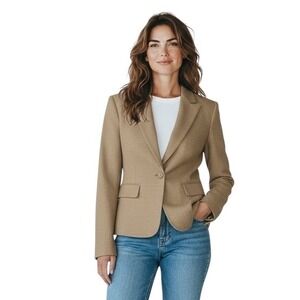 BCBG MAXAZRIA Women's Wool Tan Blazer Jacket Single Button back Peplum Medium